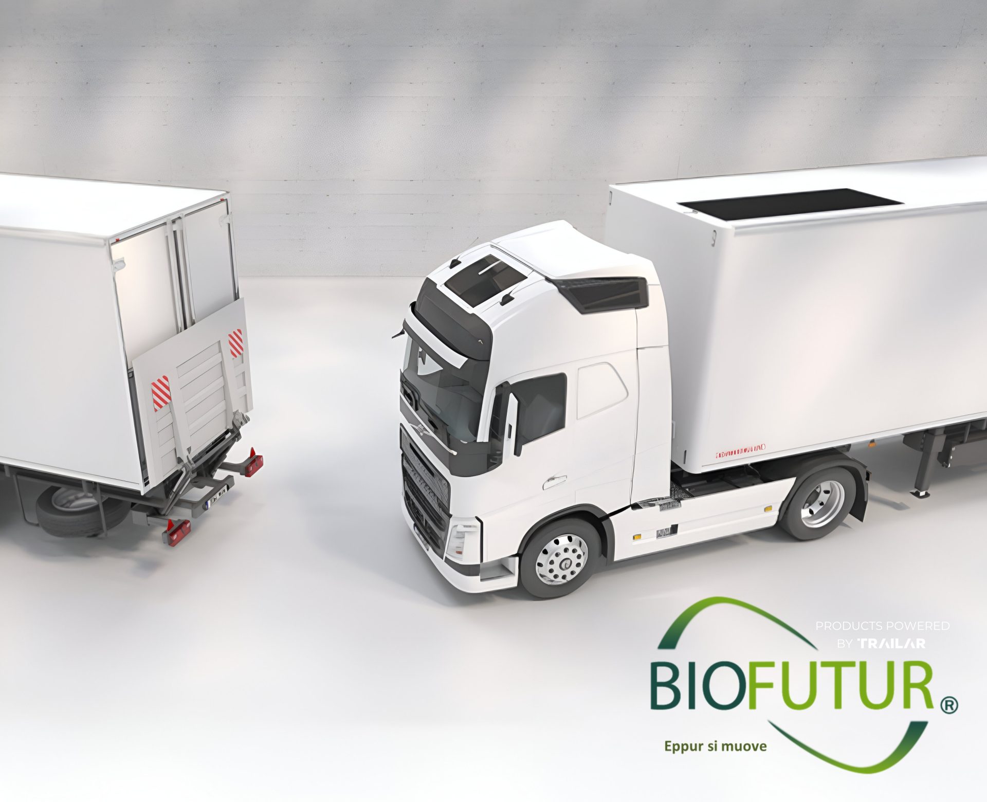Camión con paneles solares sobre un fondo blanco artificial y el logo de Biofutur.